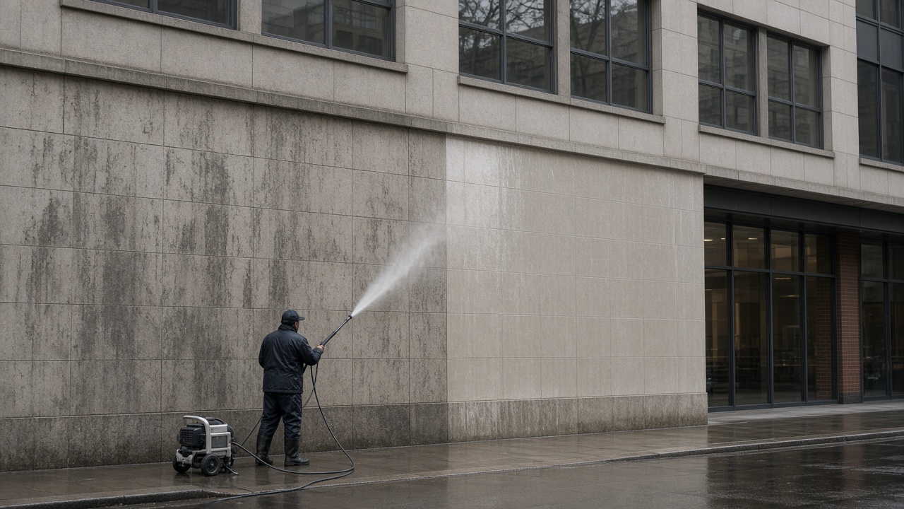 Ground floor of a commercial building with a washed section of wall
