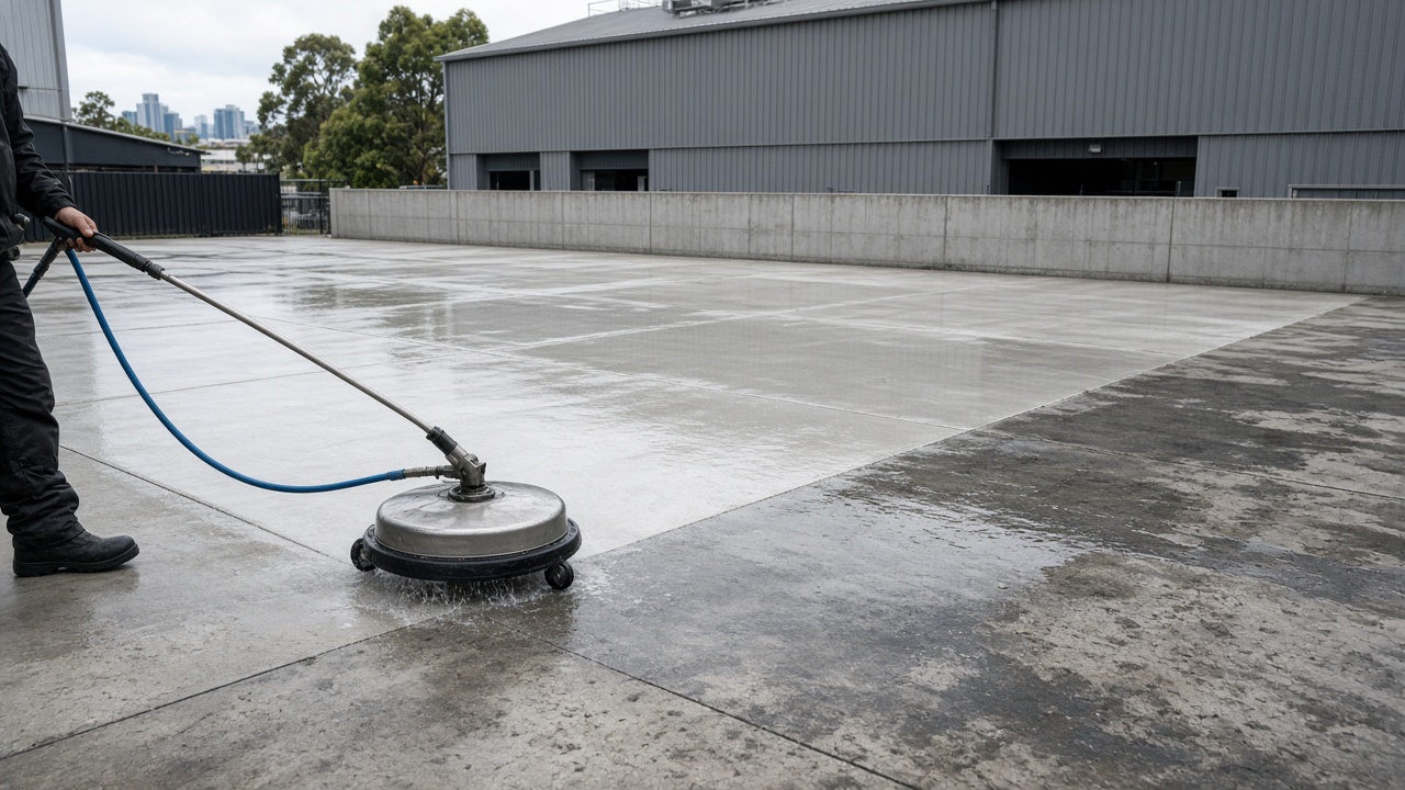 Commercial concrete forecourt with a cleaned section beside a grimy section