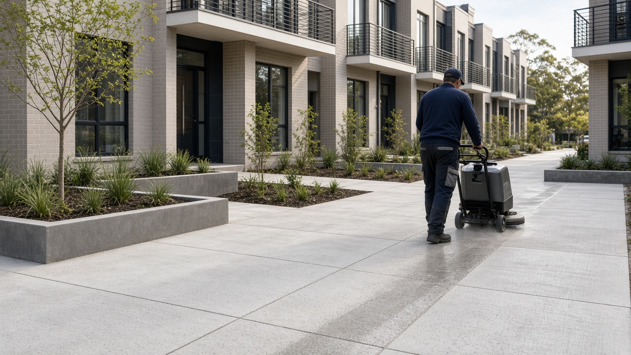 New townhouse forecourt with construction dust being cleaned