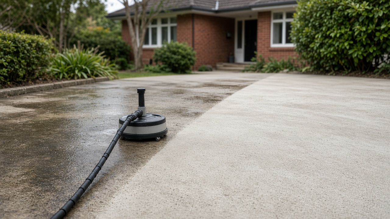 A residential concrete driveway with a cleaned section and a still-stained section