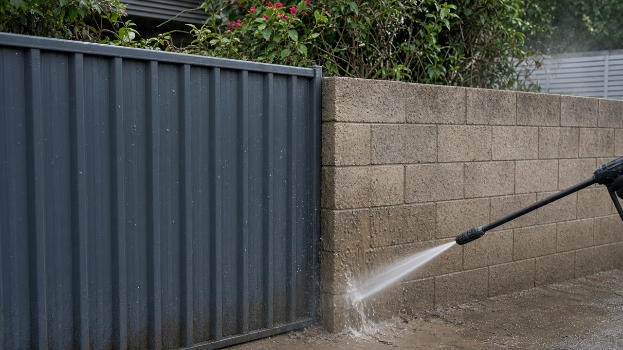 Metal fence and masonry boundary wall being rinsed
