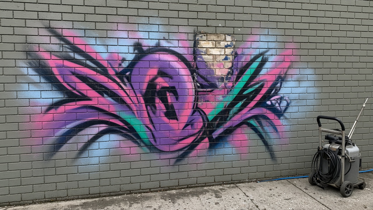 Brick wall with graffiti and a small cleaned test patch