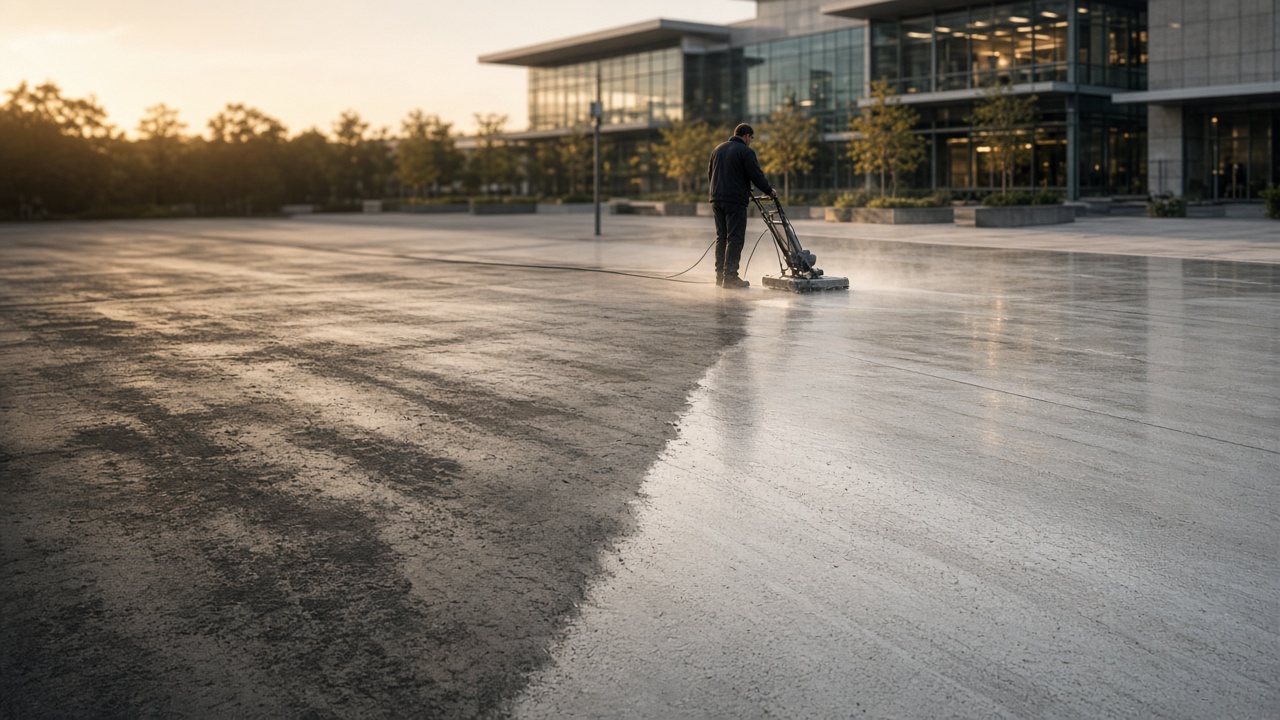 Commercial pressure washing on a large paved forecourt, with dirty concrete beside a freshly cleaned section