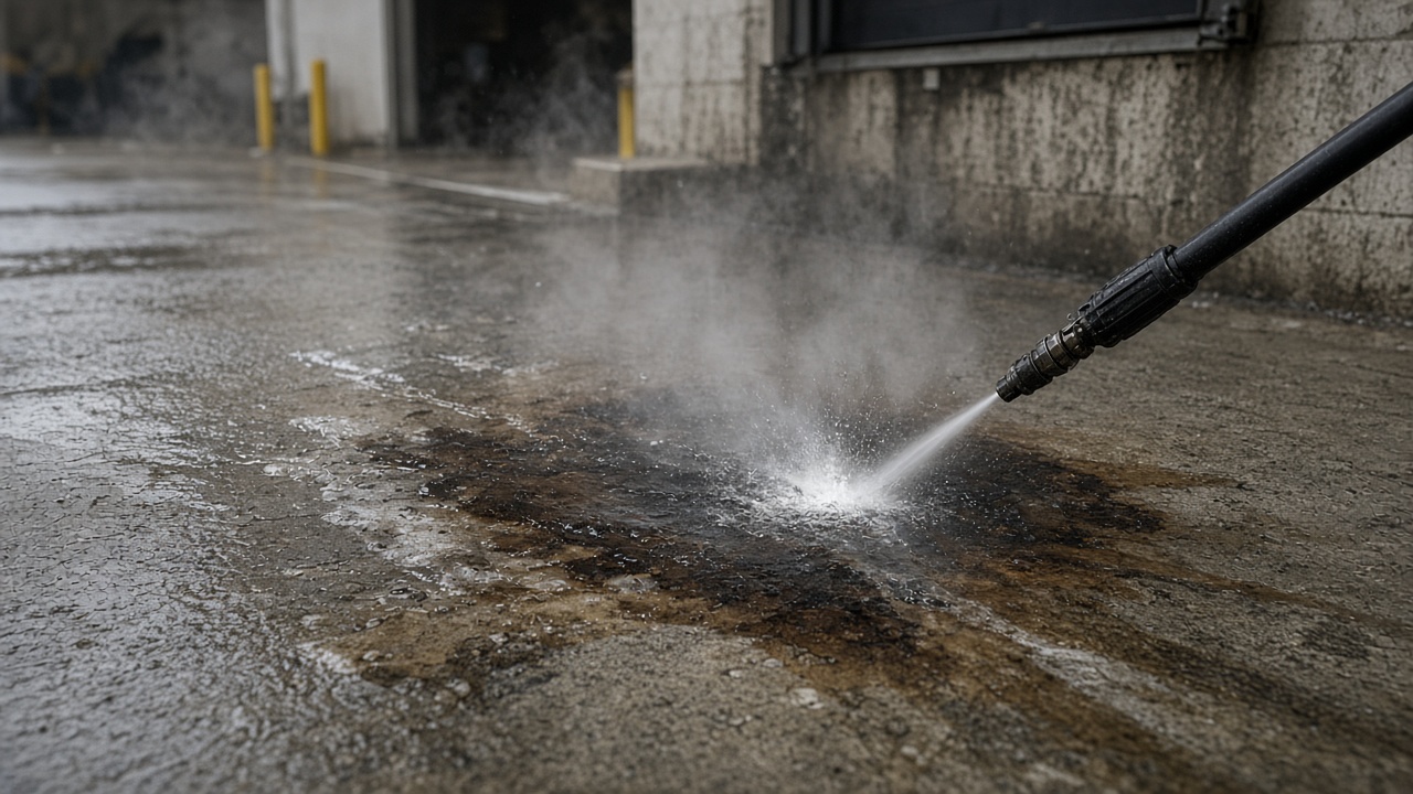 Oil-stained commercial concrete being rinsed with hot water