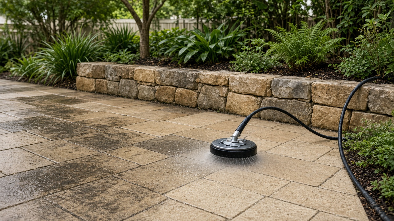 Sandstone pavers and a low retaining wall being cleaned