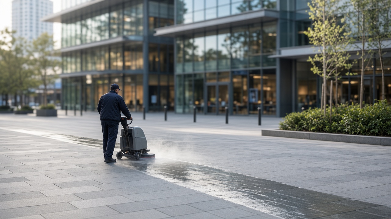 A shopping centre forecourt being cleaned with a surface cleaner