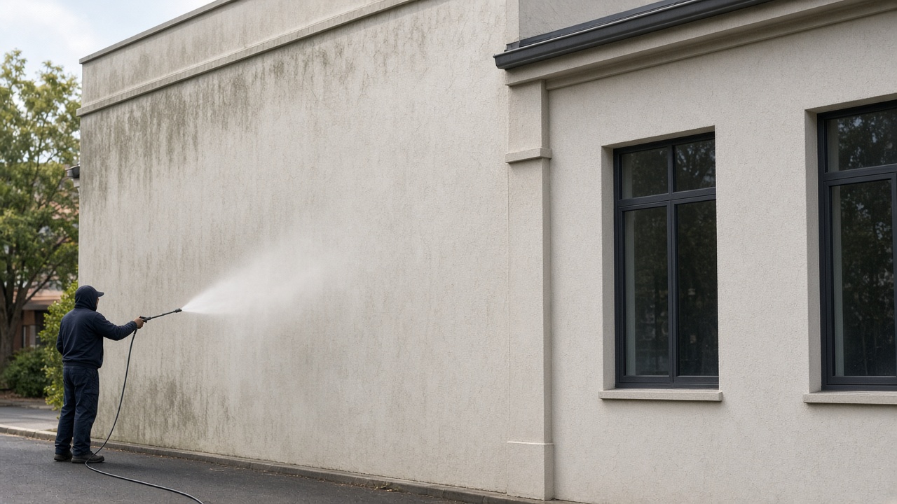 Low-pressure wash on a rendered commercial wall
