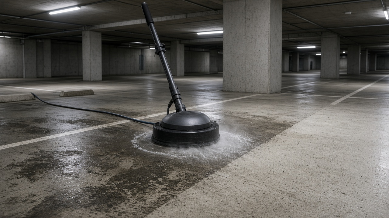 Underground car park floor being washed between parking bays