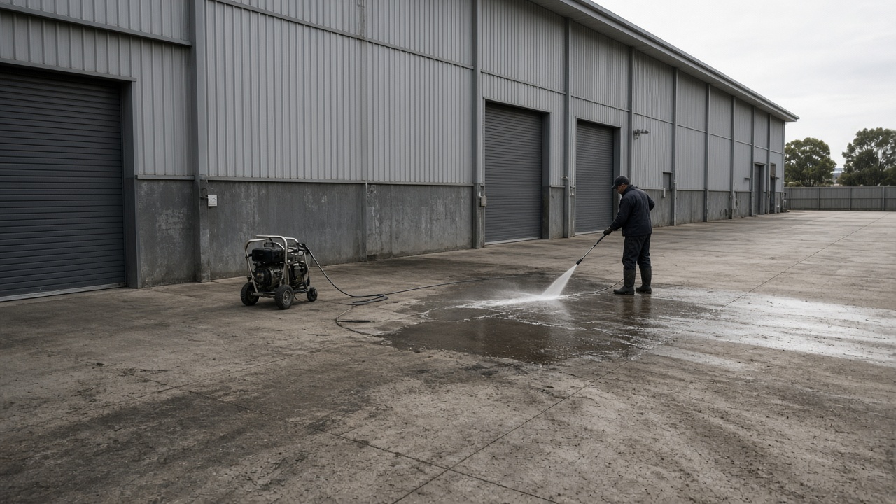 Warehouse hardstand with pressure-washing equipment on the concrete apron